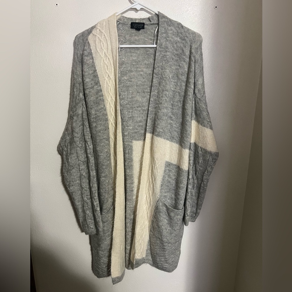 TOPSHOP Classic Open Front Cable Knit Color Block Cardigan Grey & Cream Wms Sz 8